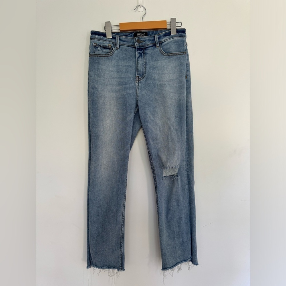 Buffalo Ramsey Semi High Rise Slim Straight Light Blue Distressed Crop Jeans